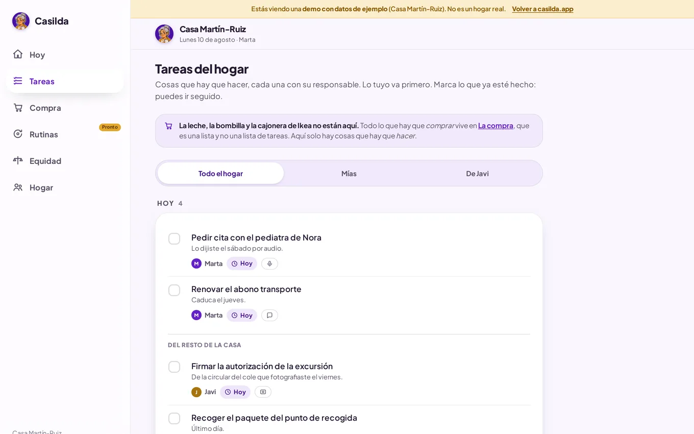 Vista Tareas del panel de Casilda, con responsable y fecha de cada una